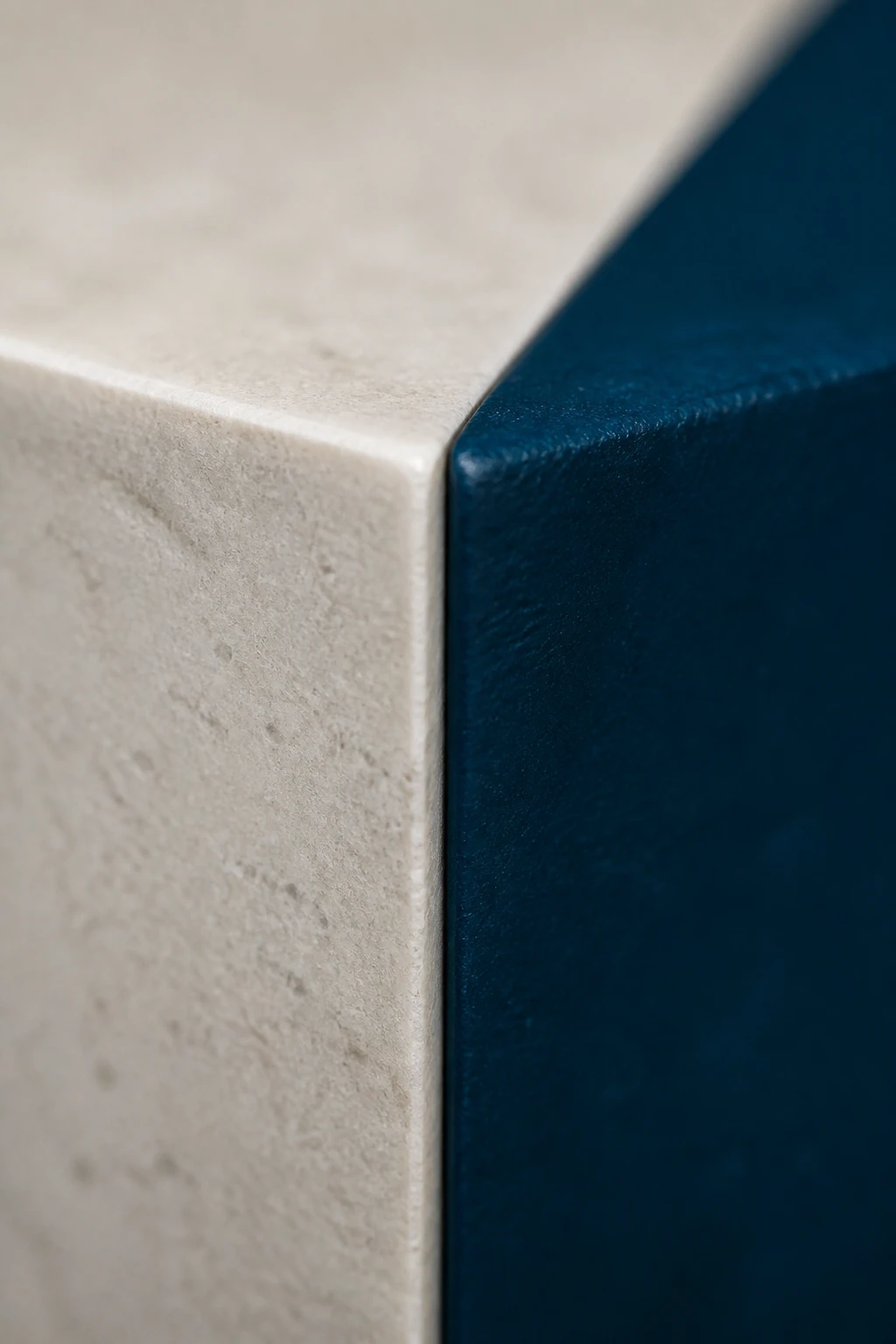 Macro shot of a single square edge where light neutrals meet dark, saturated accent