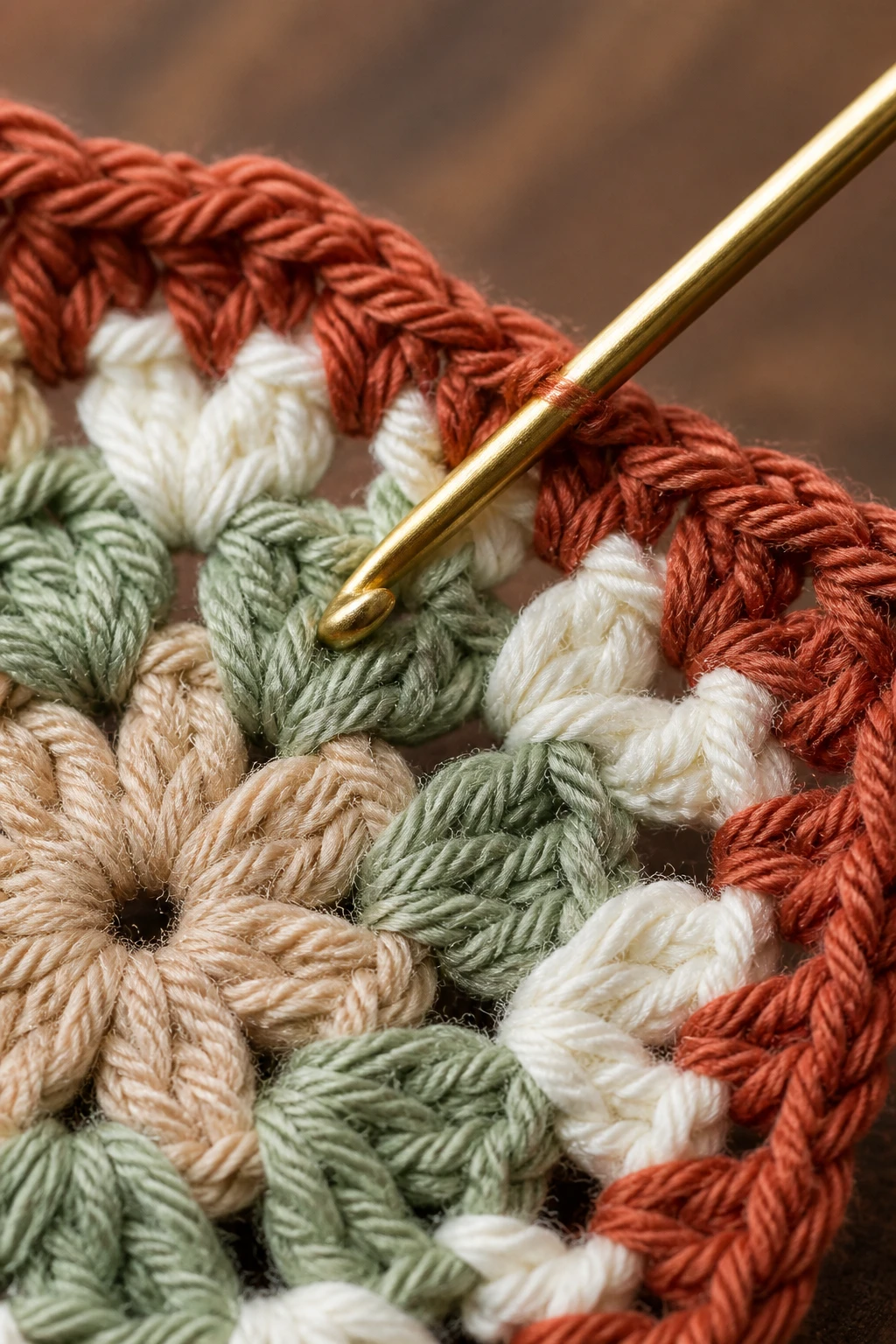 macro shot of single crochet hook piercing a granny square