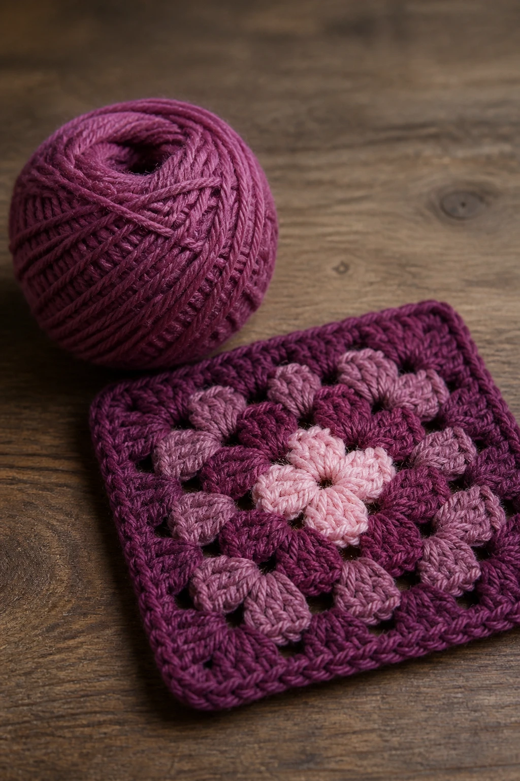 focused portrait of a single yarn ball beside a completed granny square