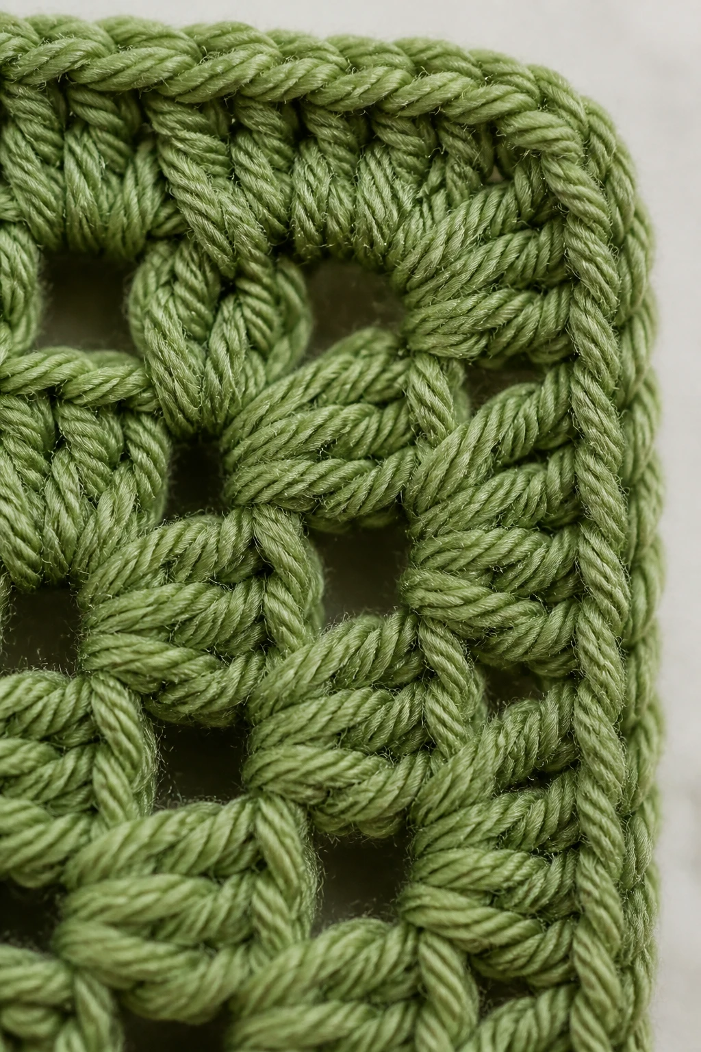 Macro shot of a single solid granny square corner detail