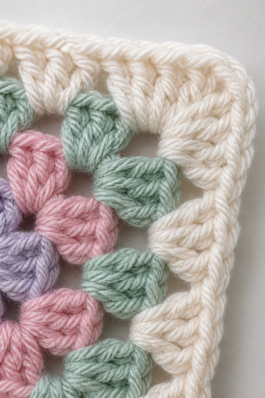 Closeup of a single granny square yarn corner with soft acrylic yarns