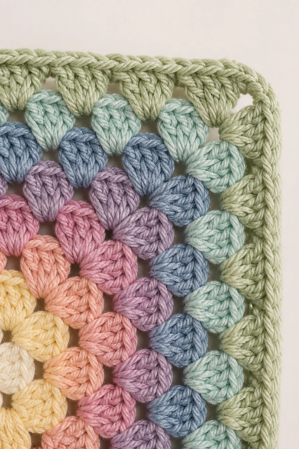 Closeup of a single colorful granny square edge with fade-friendly palette