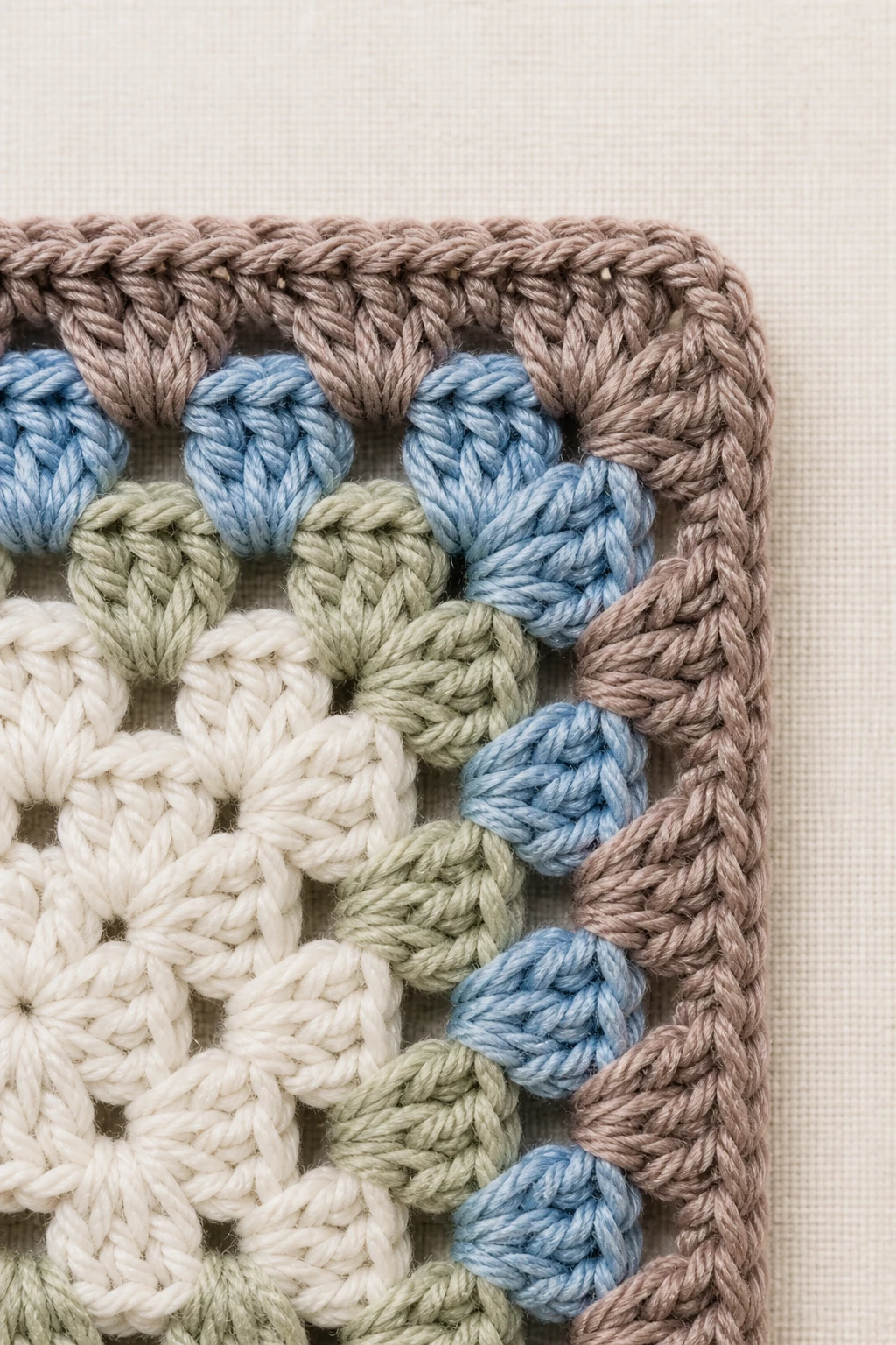 Close-up of a single crochet granny square corner showing even tension on a neutral fabric backdrop