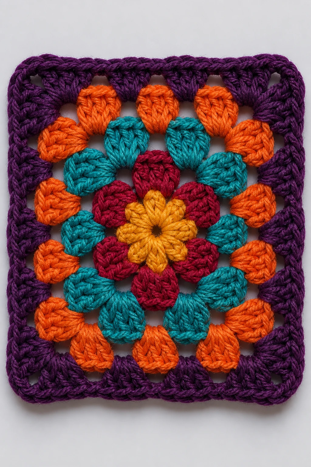 Close-up of a single granny square with contrasting color changes clearly showing color drama on plain studio background
