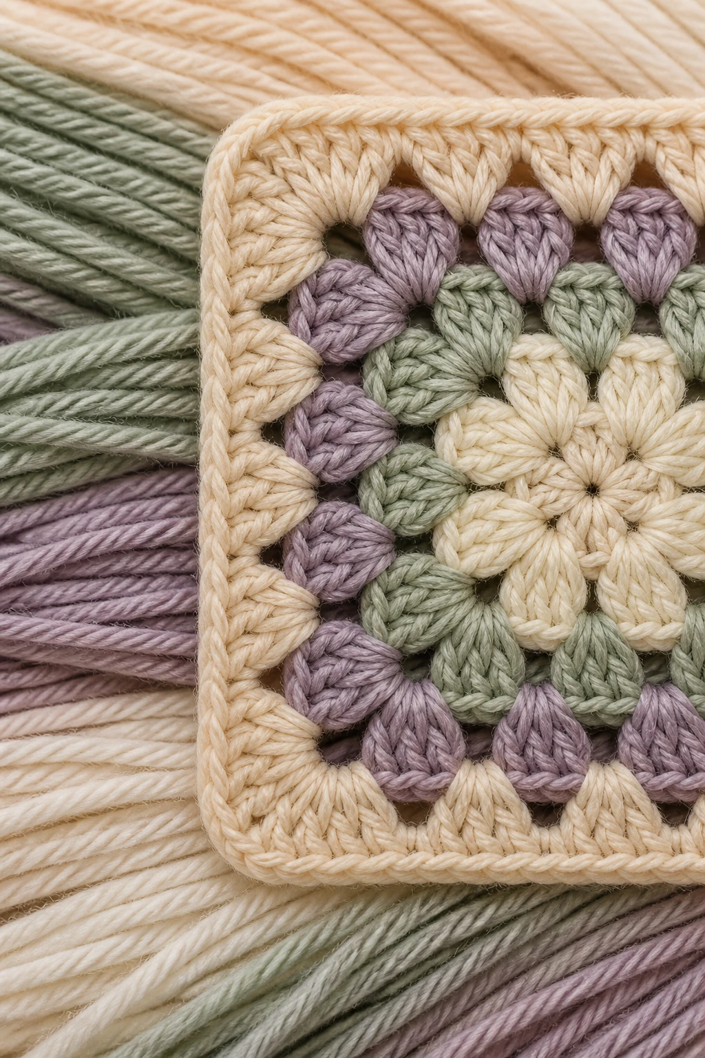 Close-up of a single granny square edge with uniform stitches and flawless laying on soft, textured yarn strands backdrop