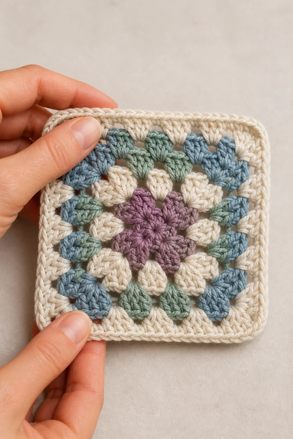 Closeup of a hand shaping a finished granny square on a neutral backdrop