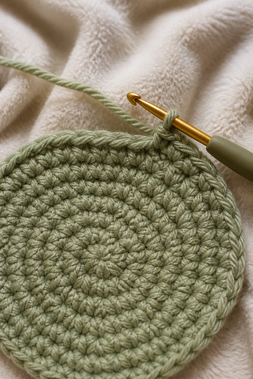Closeup of a single crochet project in progress on a soft blanket