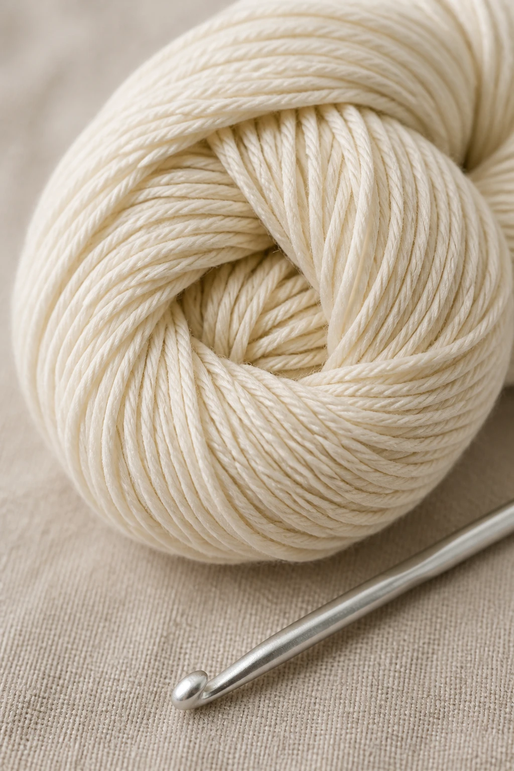 Closeup of a single skein of light cotton yarn with crochet hook