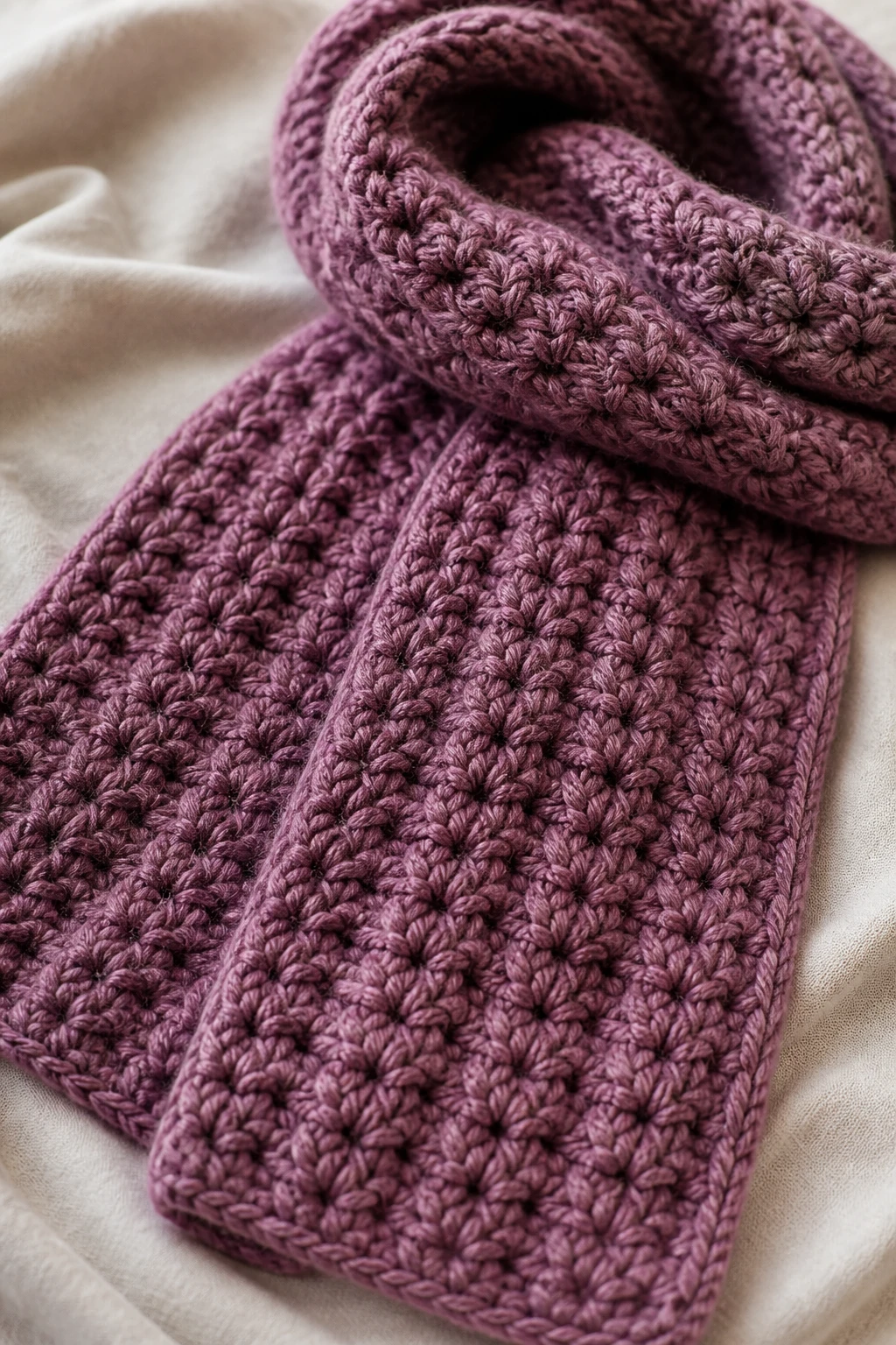 Closeup of a single finished cozy crochet scarf texture on fabric backdrop