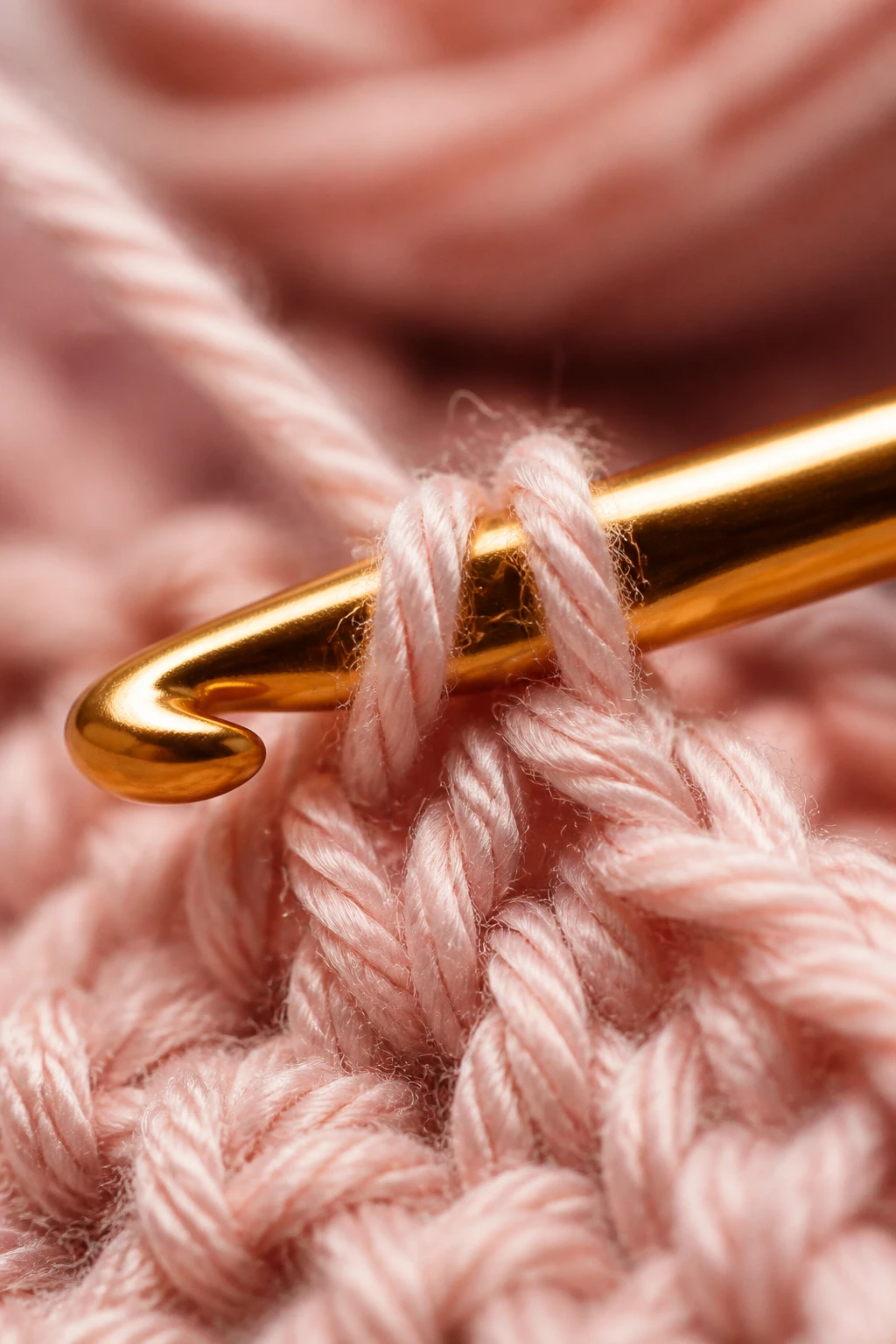 Closeup of a single crochet hook in motion on soft yarn