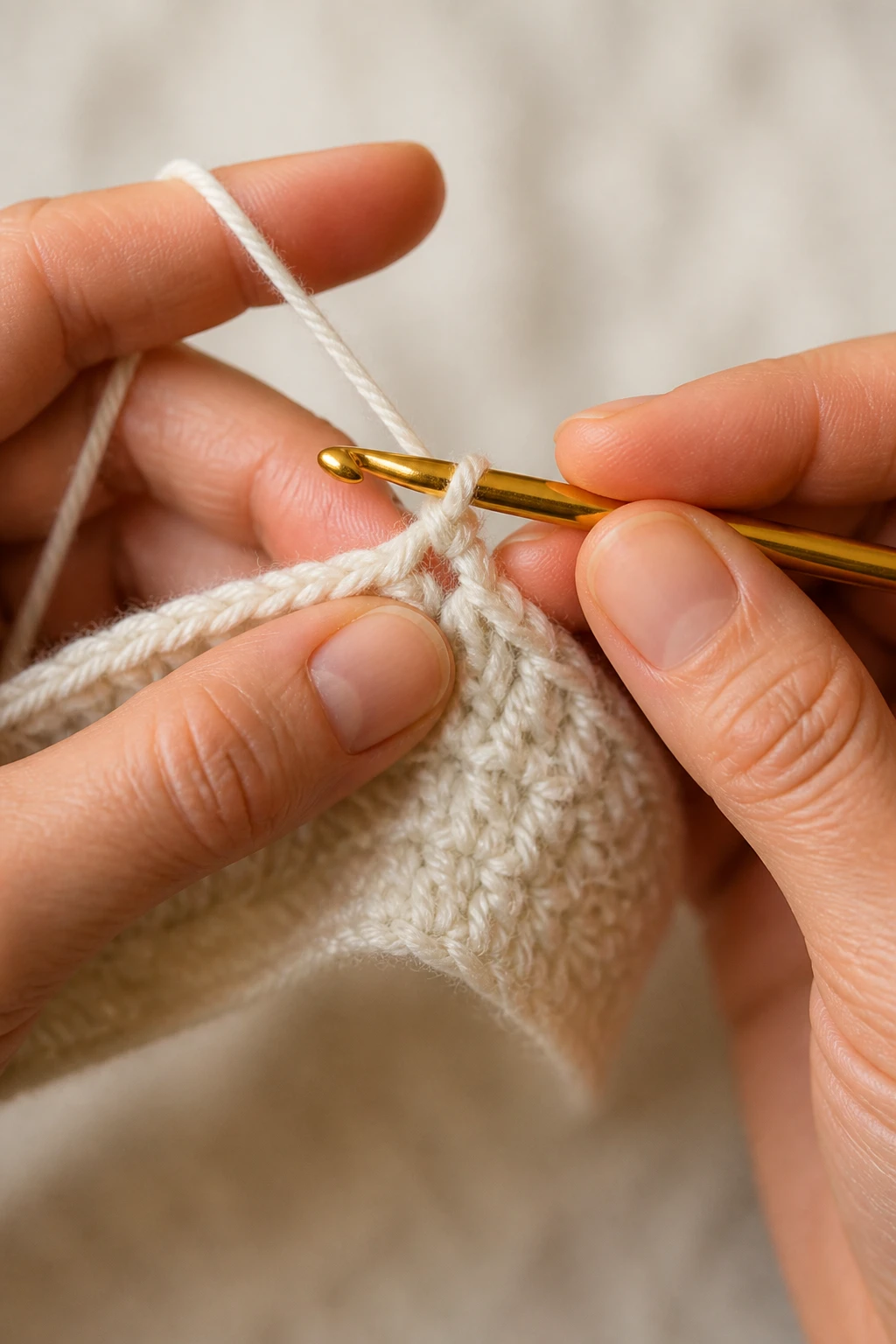 Tight portrait of hands crocheting a simple stitch