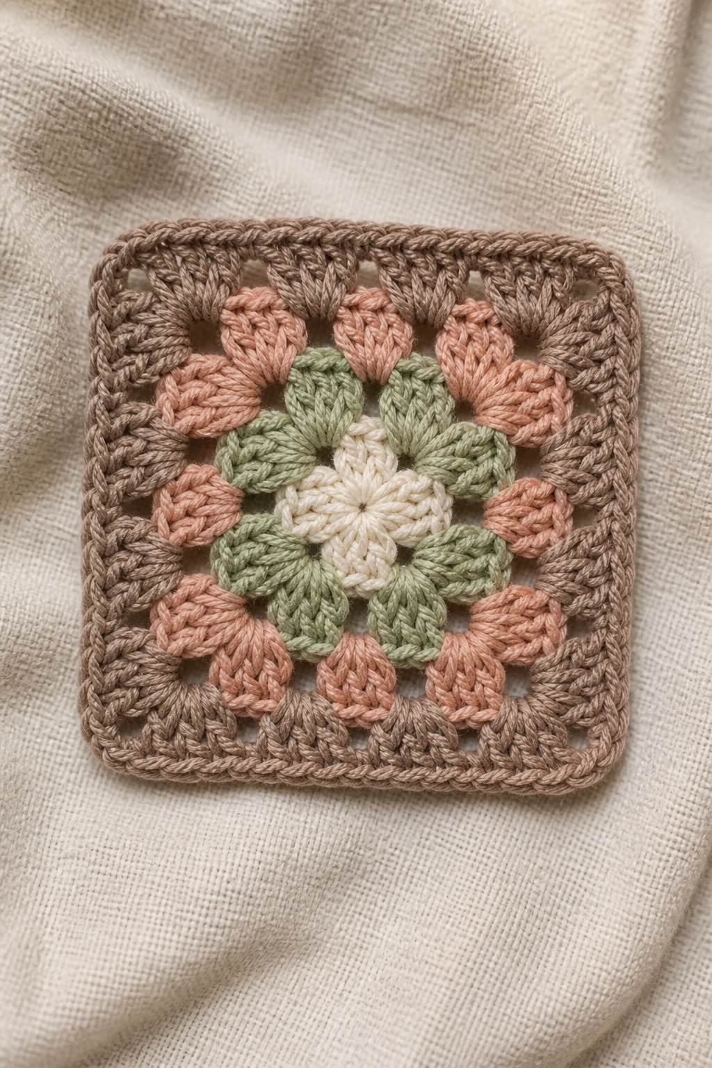 Focused shot of a single completed small crochet square on fabric backdrop