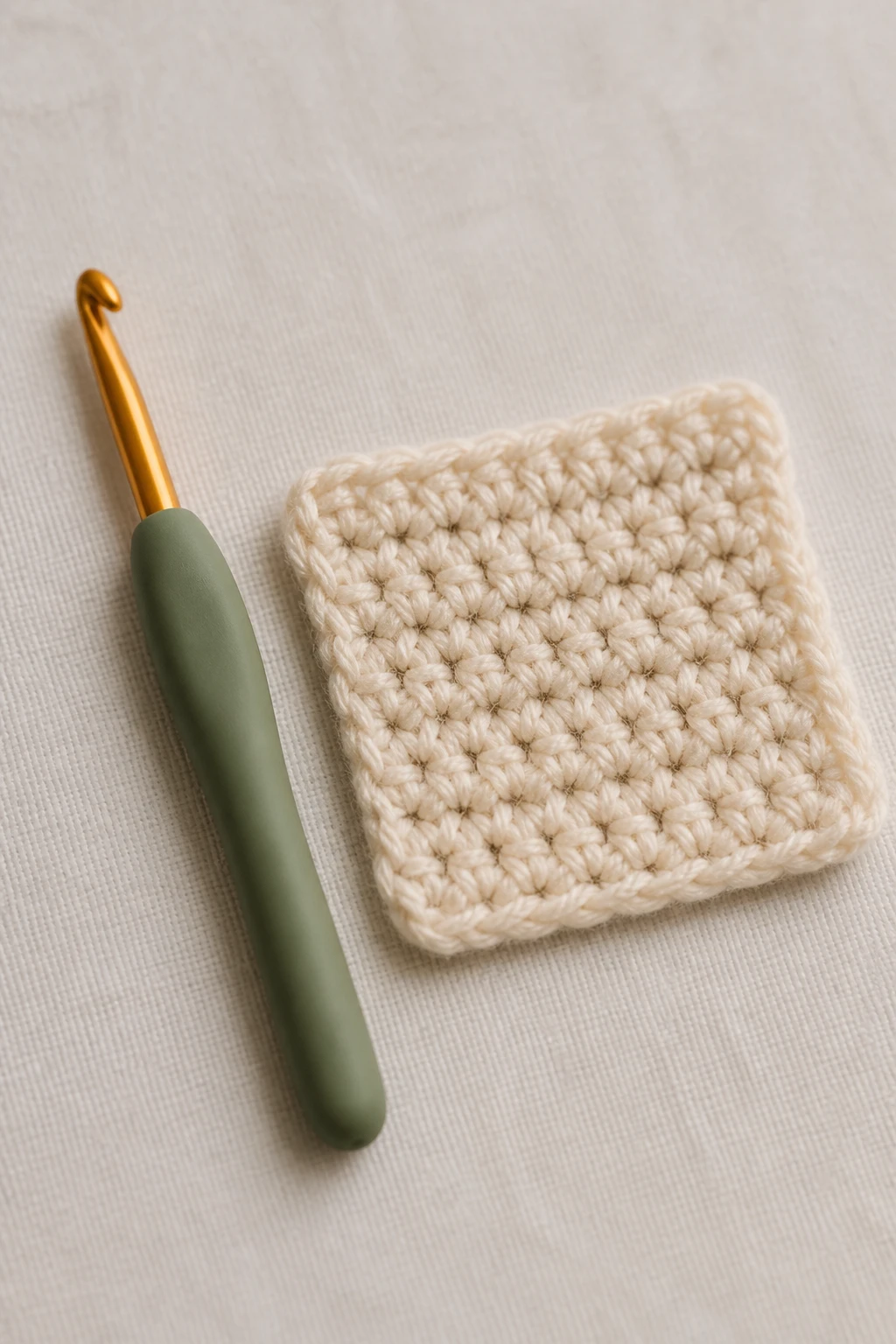 Focused shot of a single crochet hook next to a small yarn swatch