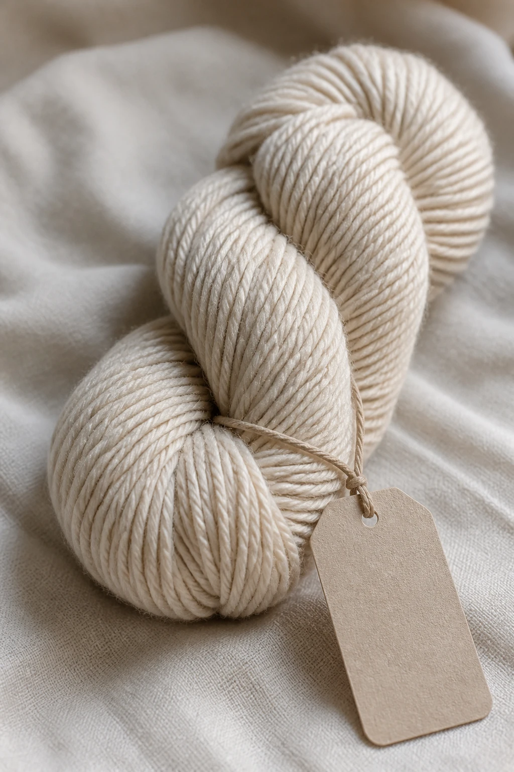 closeup of a single skein with tag, soft natural light