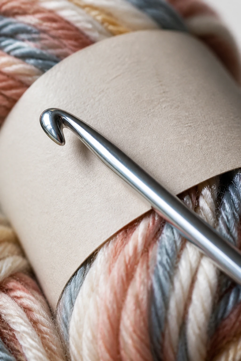 closeup of crochet hook resting on a skein label, high detail