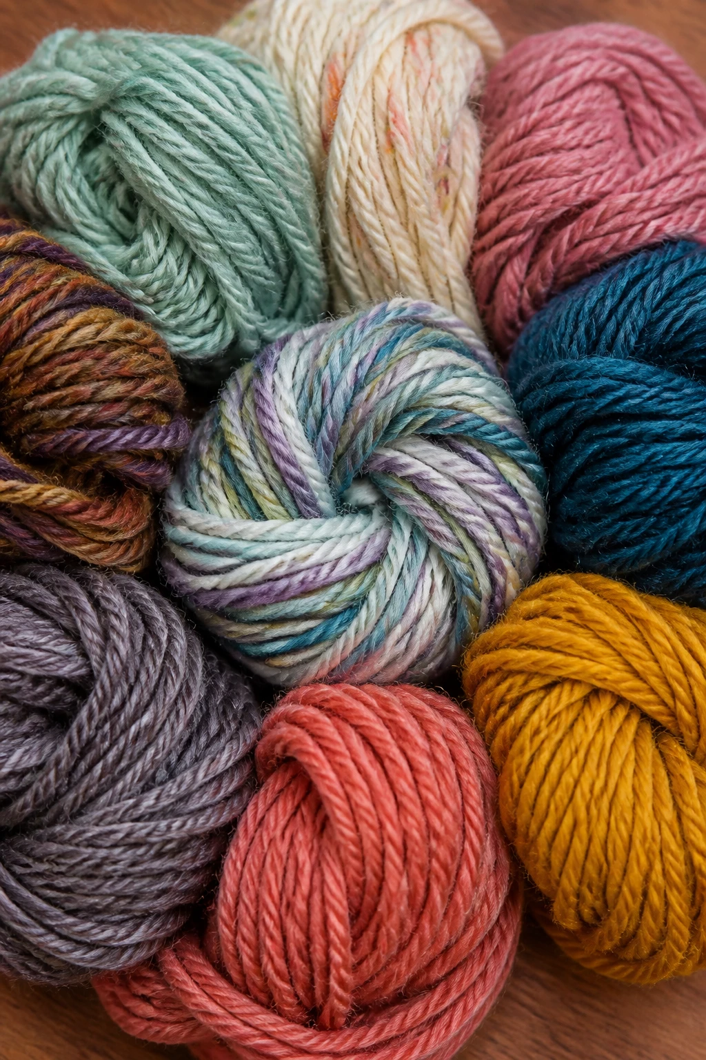 Closeup of mixed scrap yarn skeins arranged for a coaster