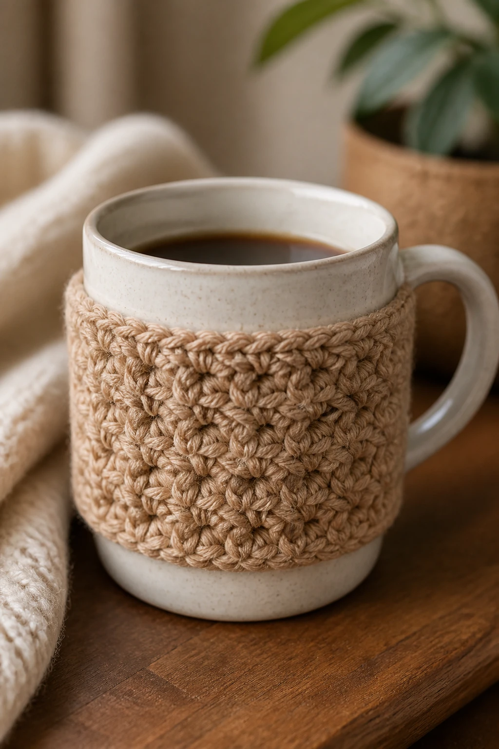 Focused shot of a cozy crochet coffee cup sleeve on mug