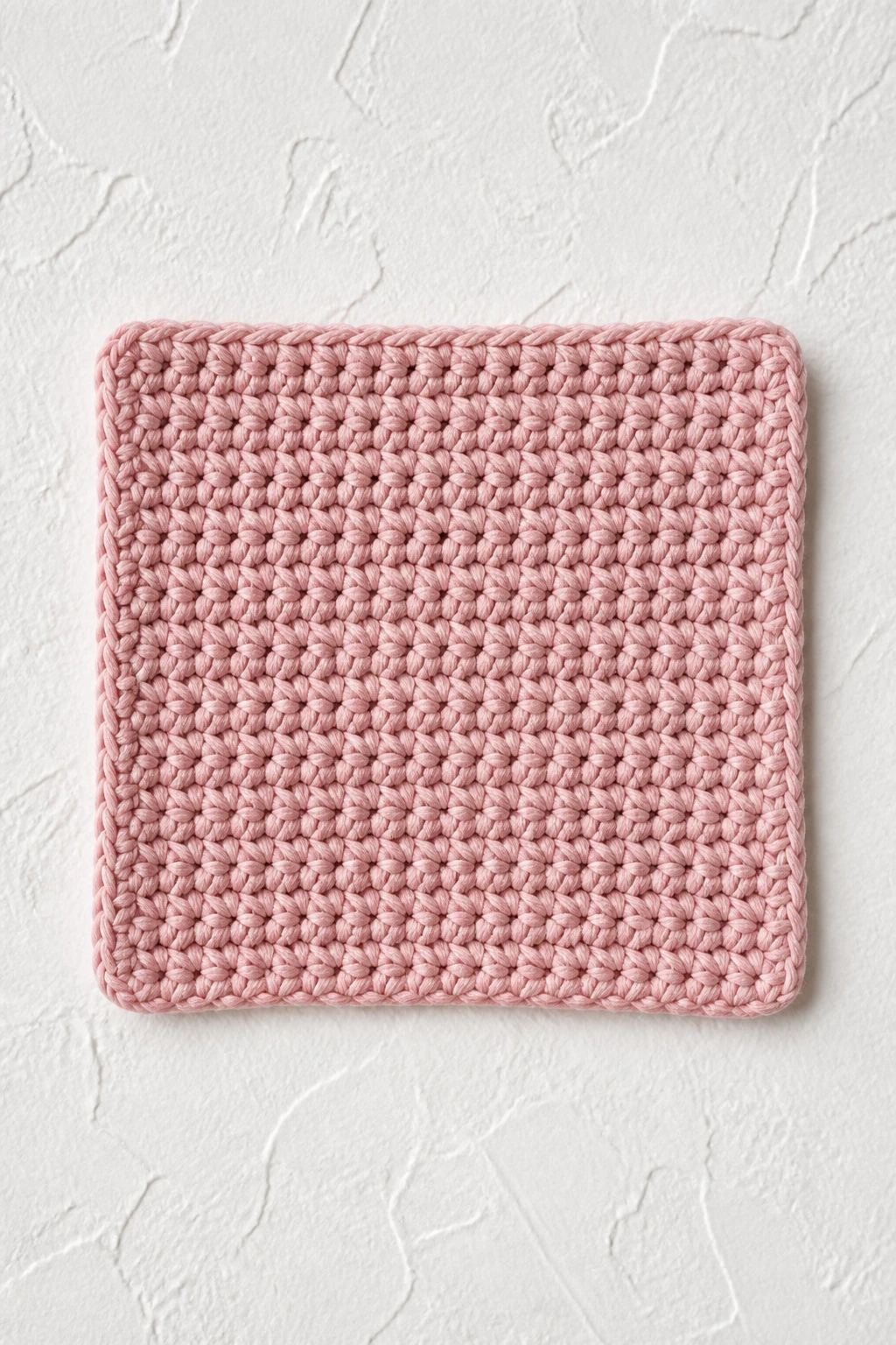Closeup of a single crochet mini dishcloth on a white textured background