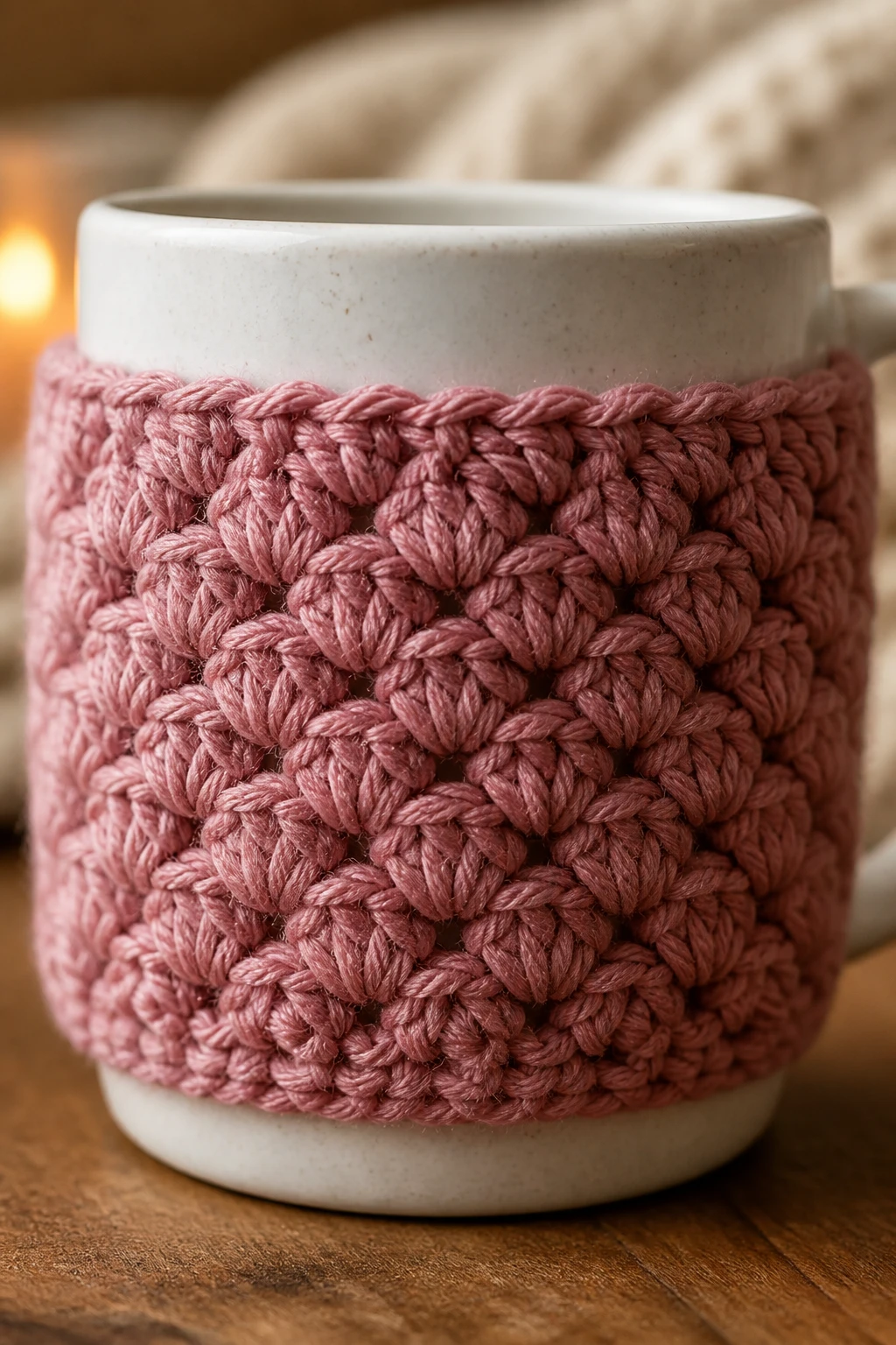 Closeup of a cozy crochet cup cozy wrapped around a mug