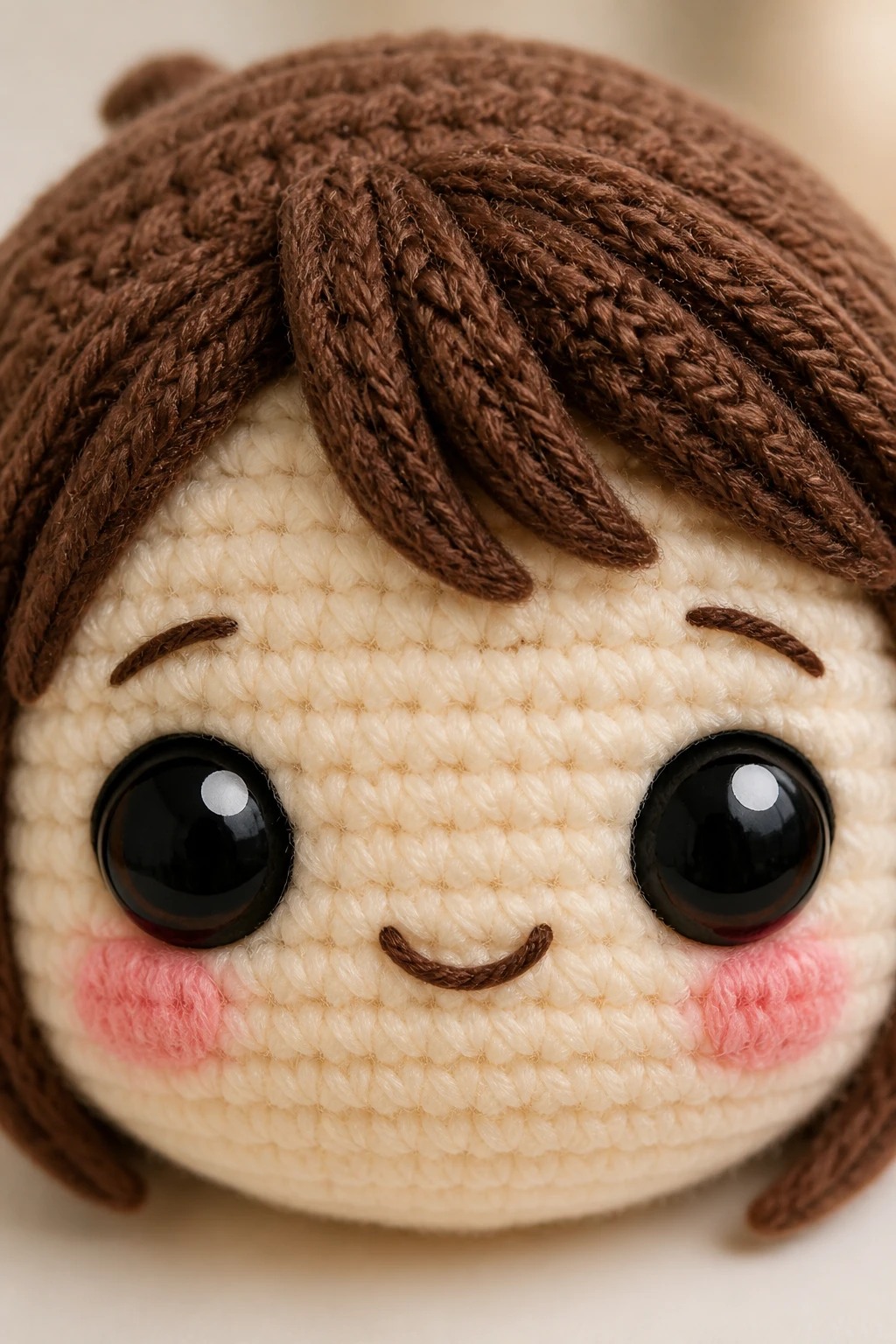 Close-up of a kawaii amigurumi head with oversized eyes and blush