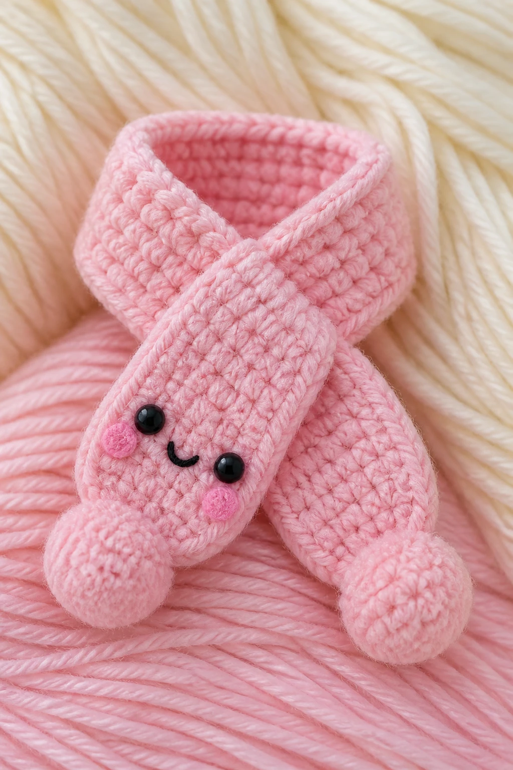 Close-up of a single kawaii amigurumi scarf accessory on yarn