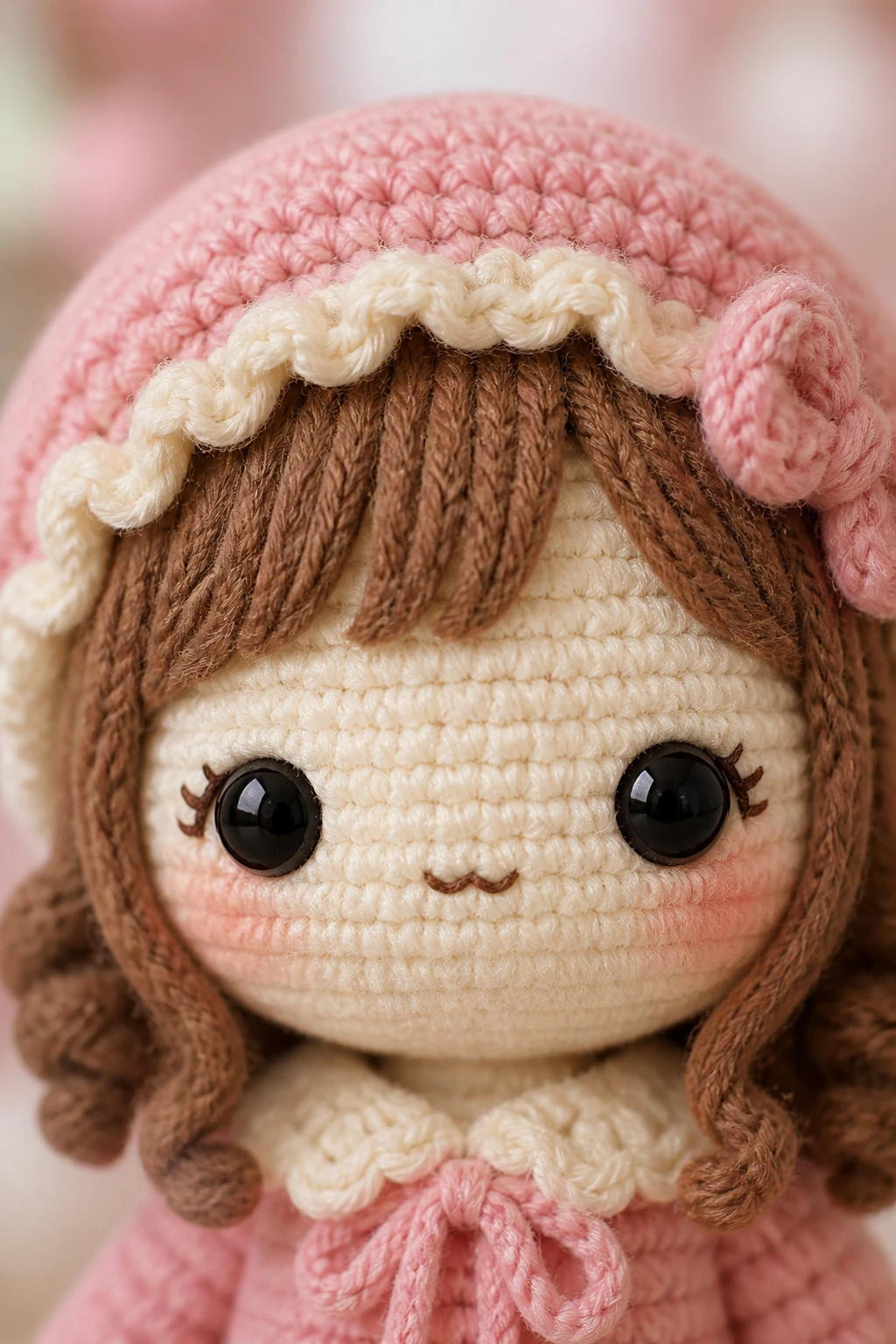 Portrait-style closeup of a kawaii amigurumi face with tiny mouth detail