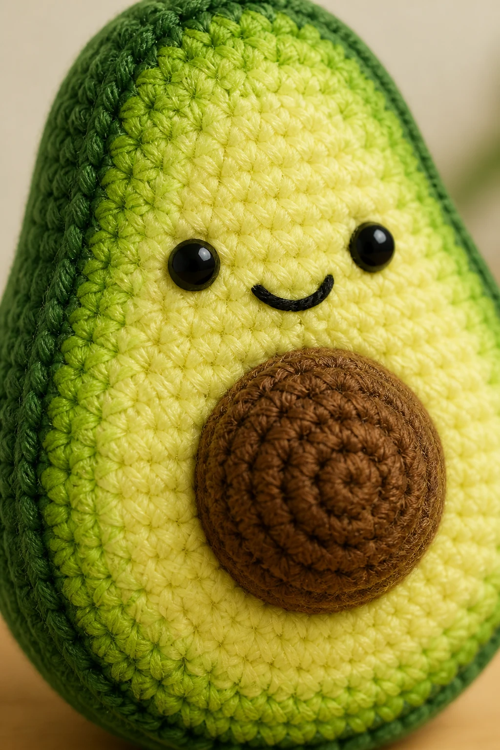 Closeup of avocado amigurumi with crisp color transition yarn