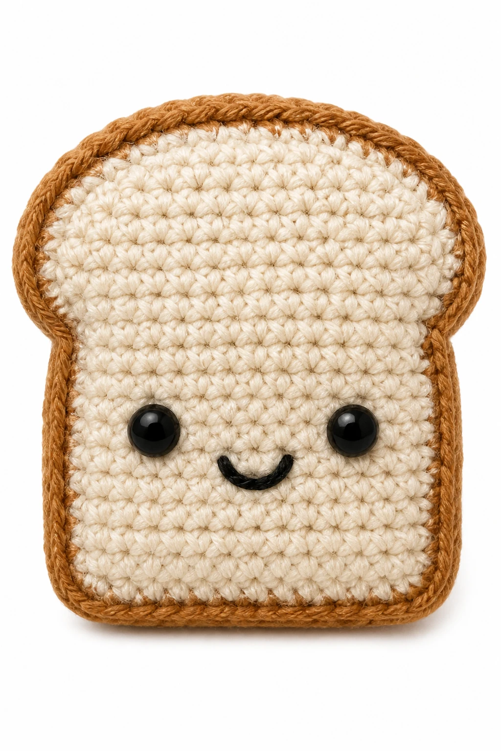 Closeup of bread-shaped amigurumi slice with tight stitches on white background