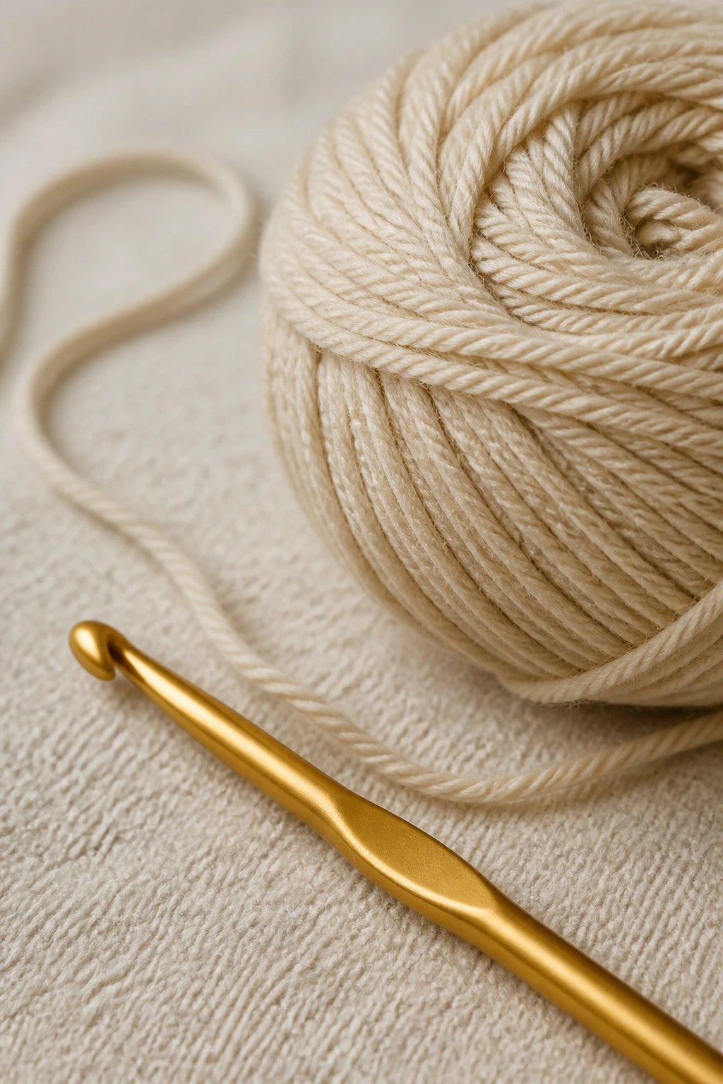 Macro shot of a single crochet hook and yarn ball with consistent twist