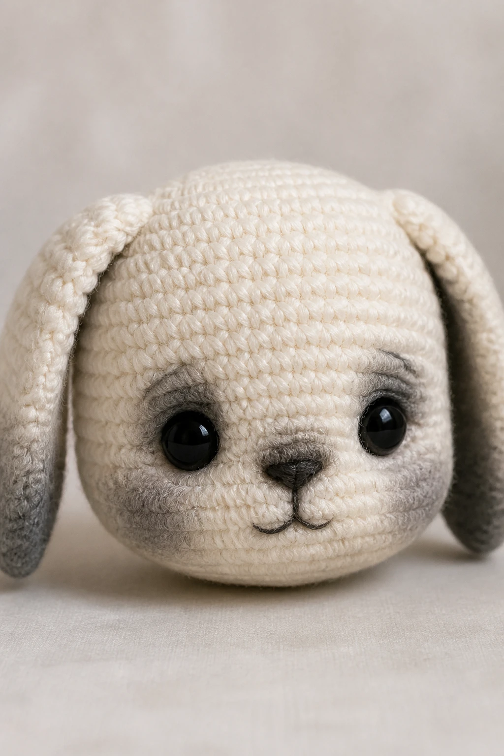 closeup of a no-sew amigurumi head with clean shaping and graphite shading