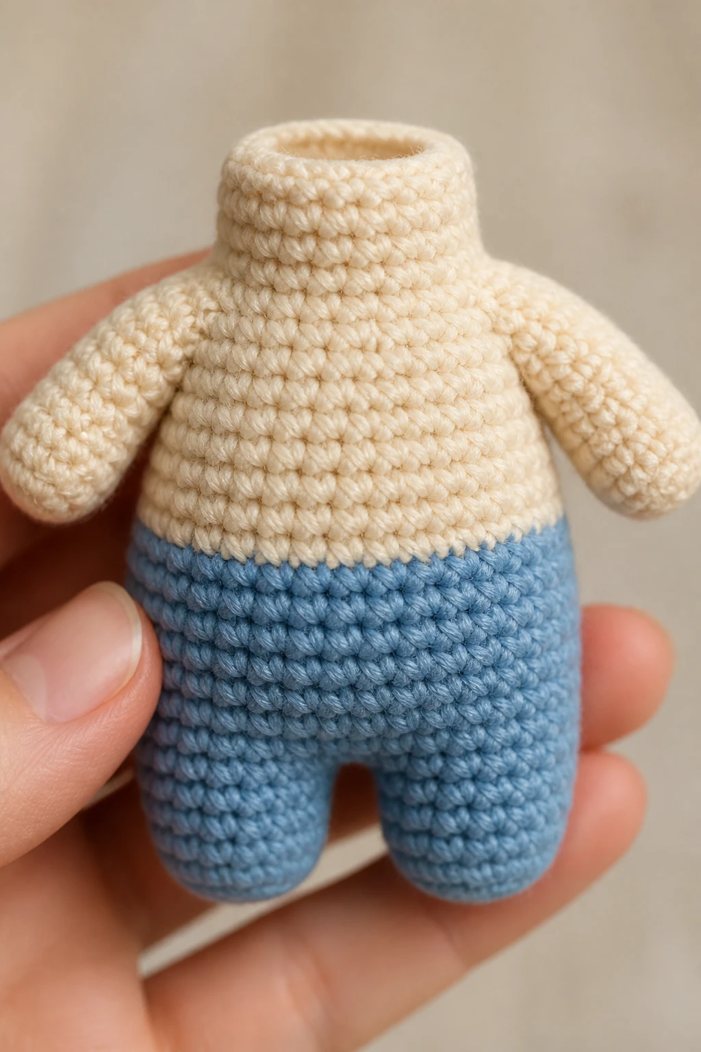 closeup of a no-sew amigurumi torso showing precise stuffing and seam-free finish