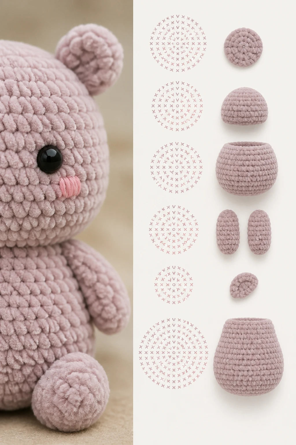 closeup of a no-sew amigurumi fiber texture and stitch-count diagram on patterns page