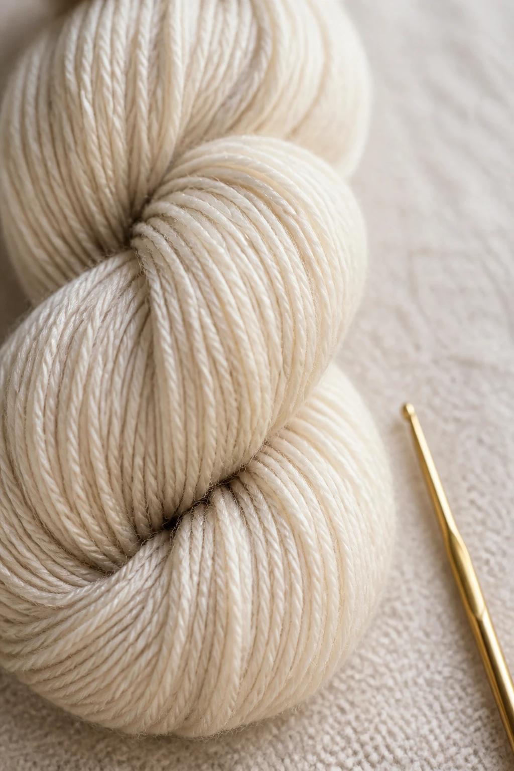 closeup of fine merino yarn skein next to tiny crochet hook
