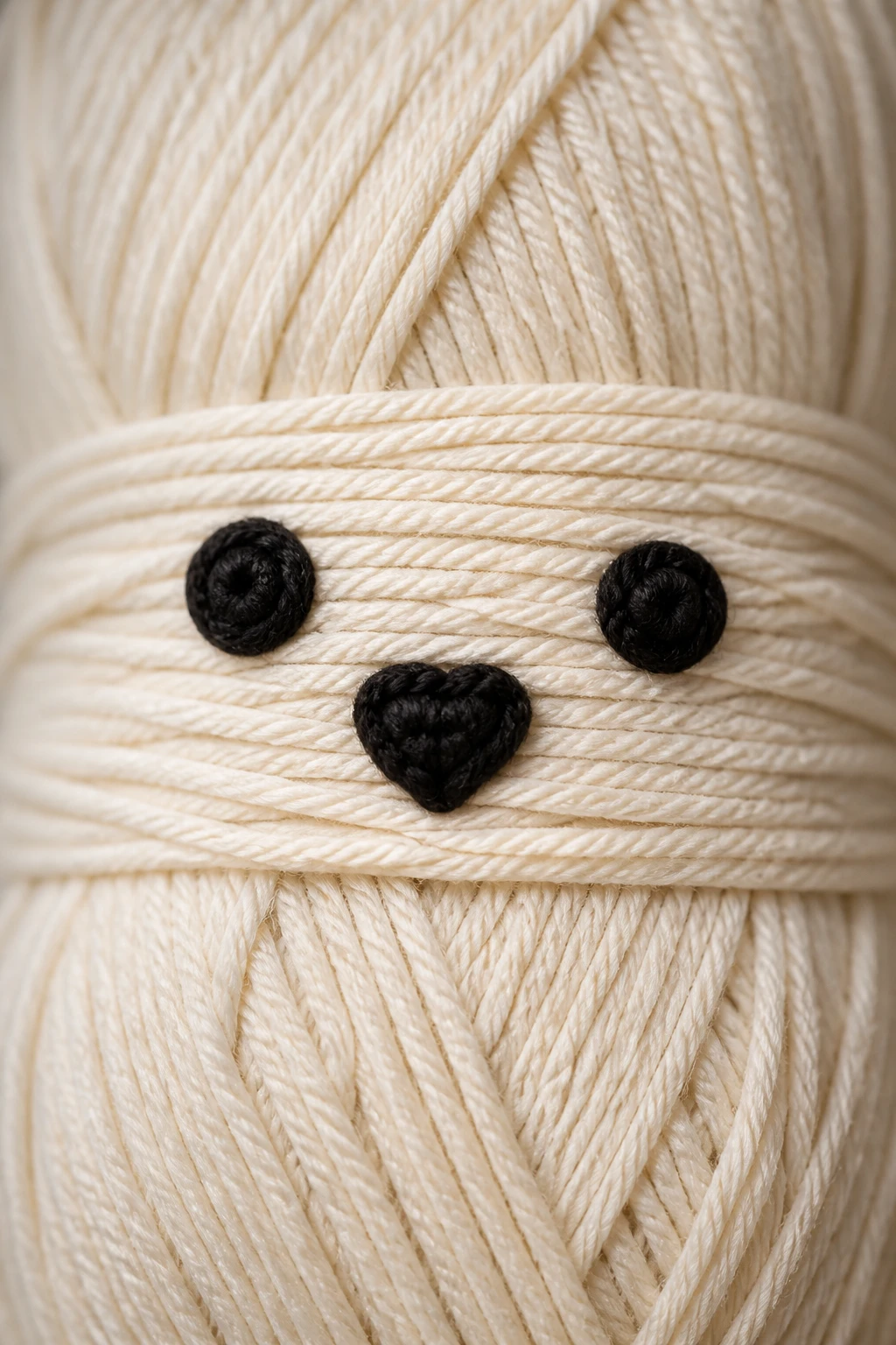 macro shot of non-fuzz yarn label with small crochet eye and nose detail