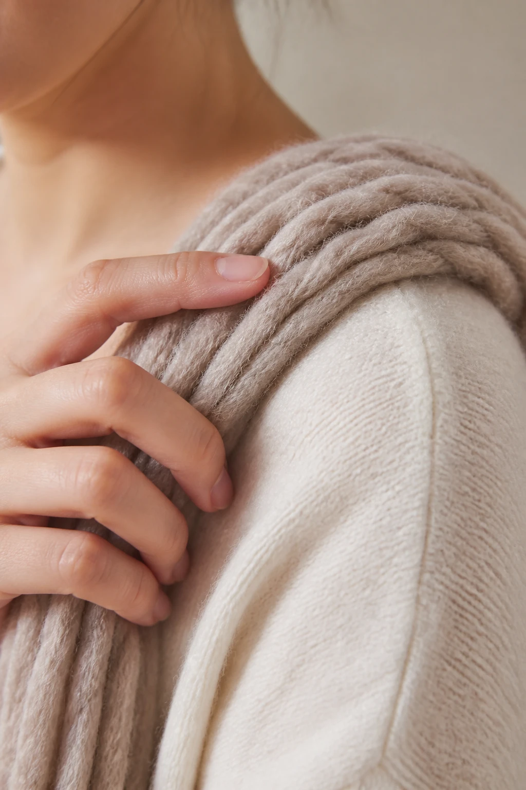 closeup of a soft-wiber handle yarnBeing tested for comfort on shoulder