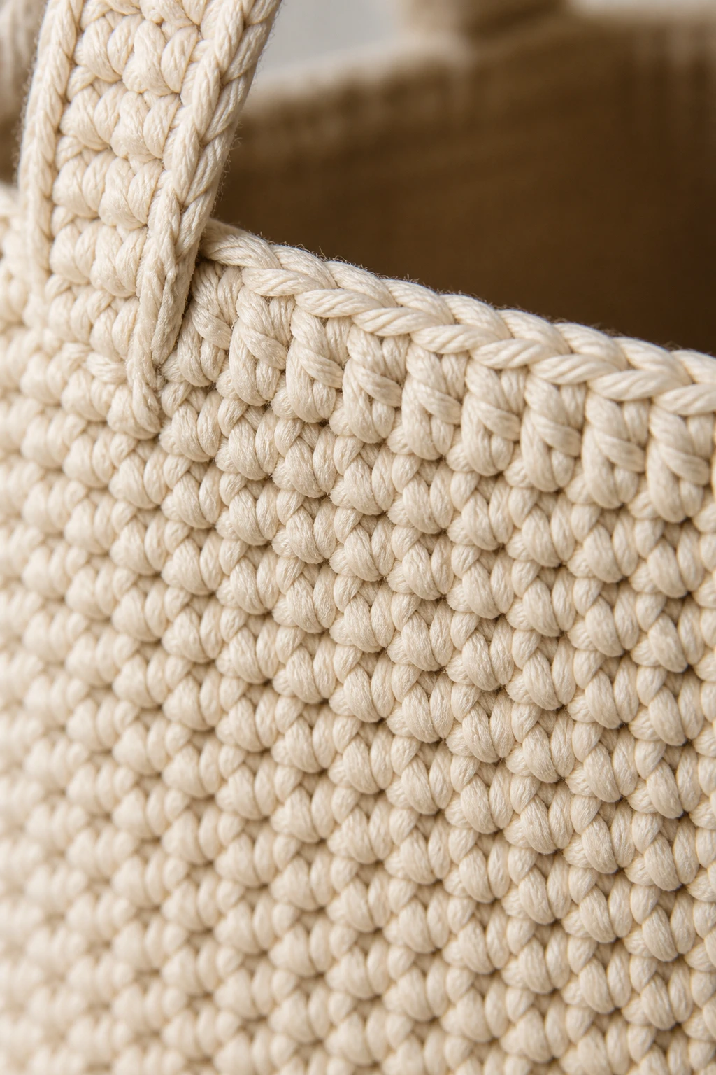 closeup of a durable crochet tote edge showing dense stitch pattern