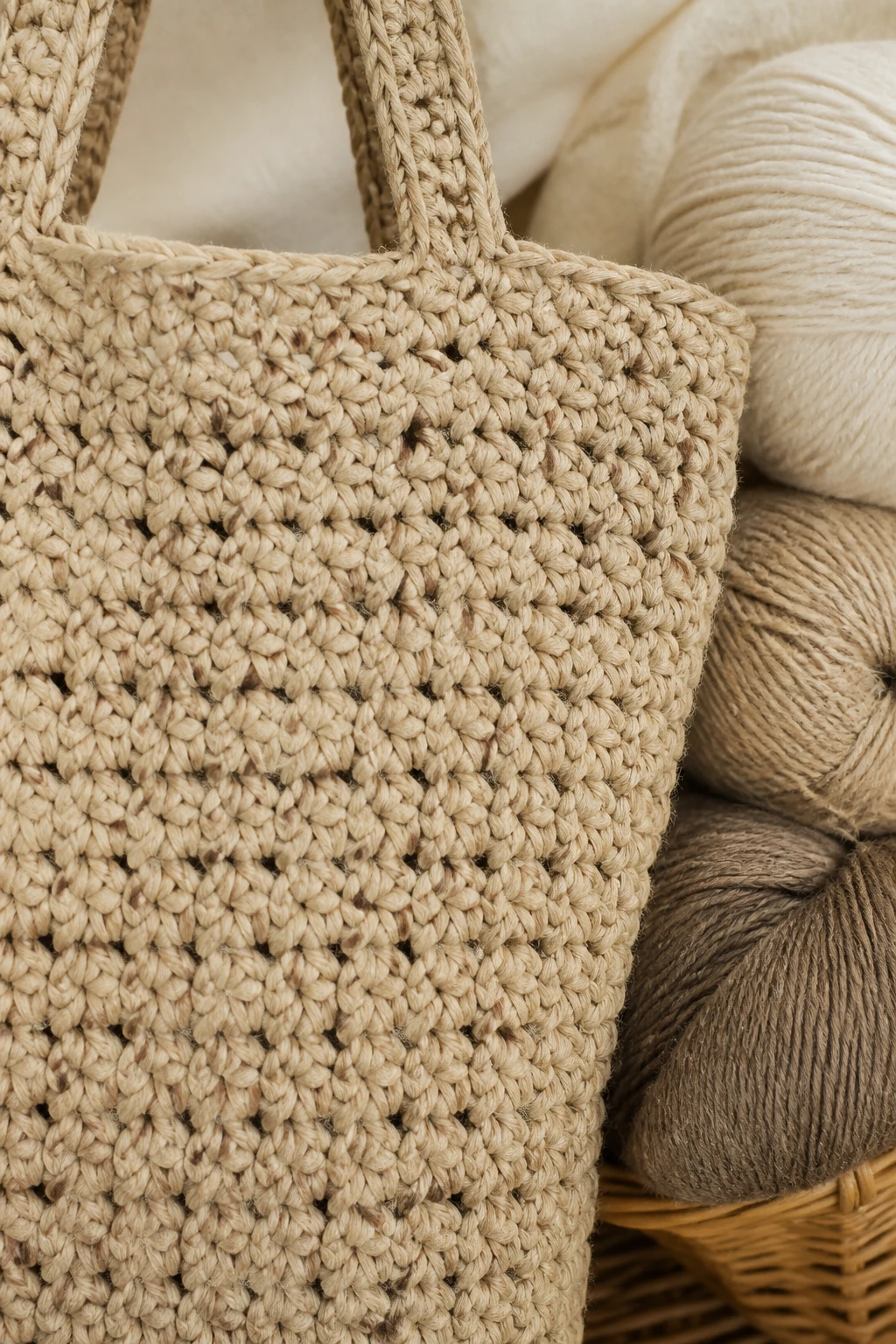closeup of a crochet tote texture against natural fiber yarn labels