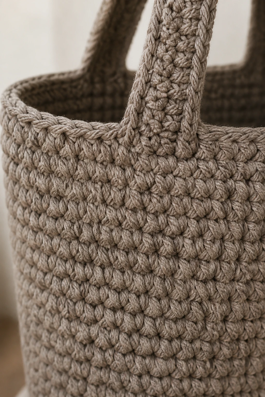 Closeup of sturdy crochet tote yarn texture in earthy taupe
