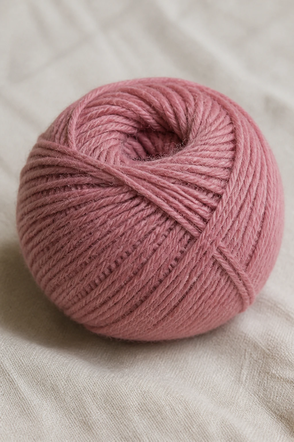 closeup of a single affordable yarn ball on neutral fabric