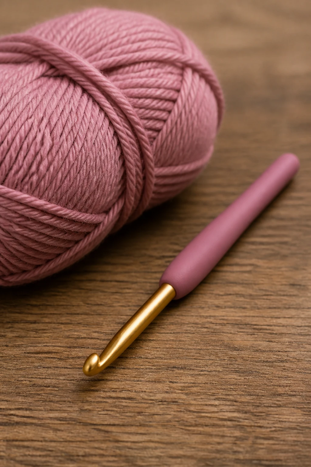 Focused shot of a single crochet hook beside a skein of yarn