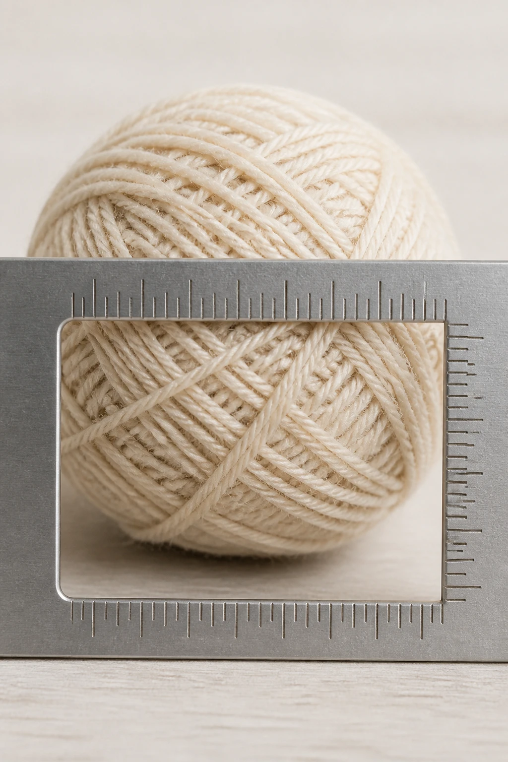 Closeup of a single yarn ball measuring gauge with ruler in frame