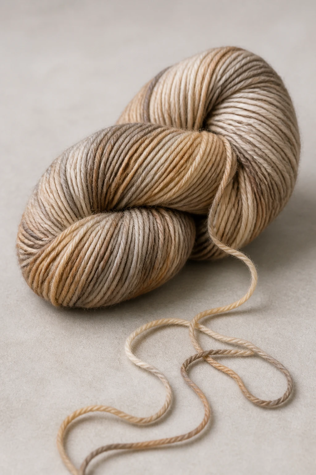 Closeup of a single skein on a neutral backdrop with loose end unraveling