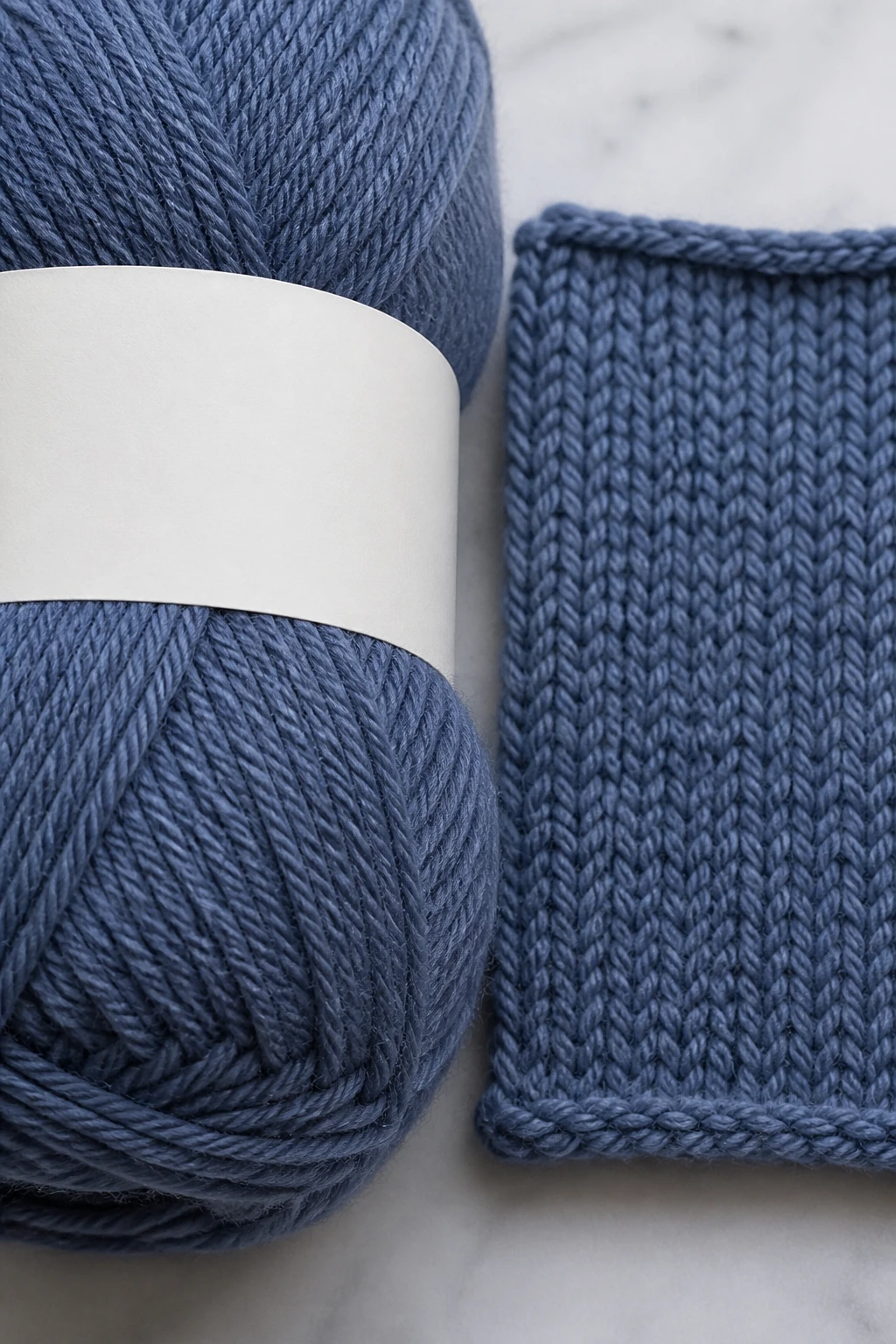 Closeup of DK yarn label and gauge swatch in focus