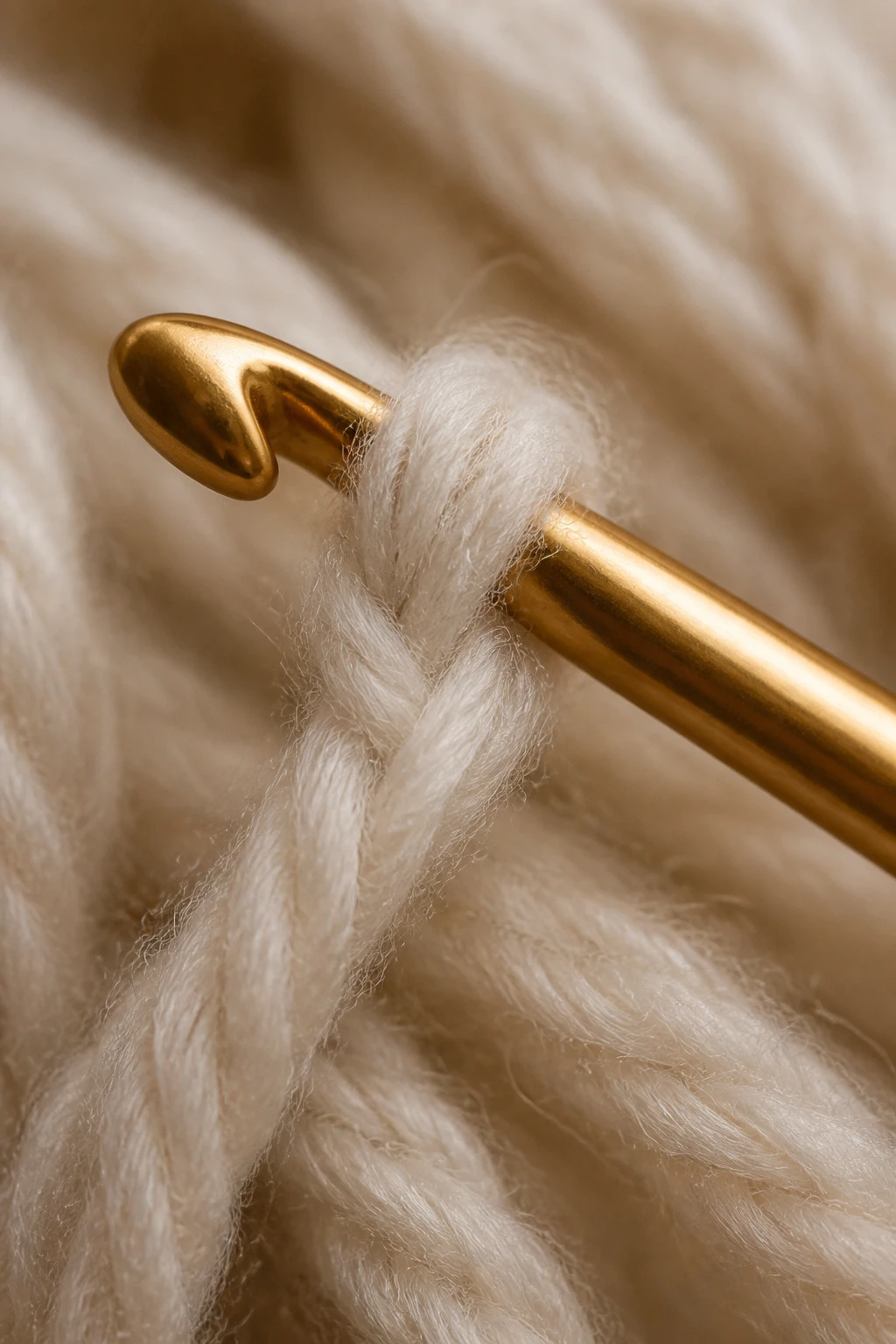 Closeup of a single crochet hook piercing soft alpaca yarn strand