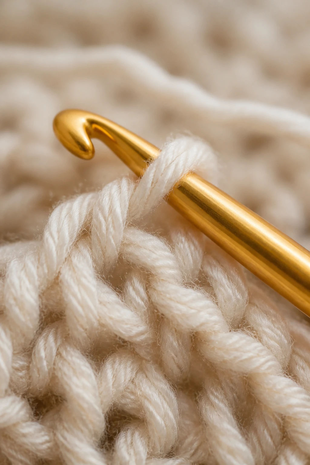 Macro shot of a single crochet hook gliding through soft yarn