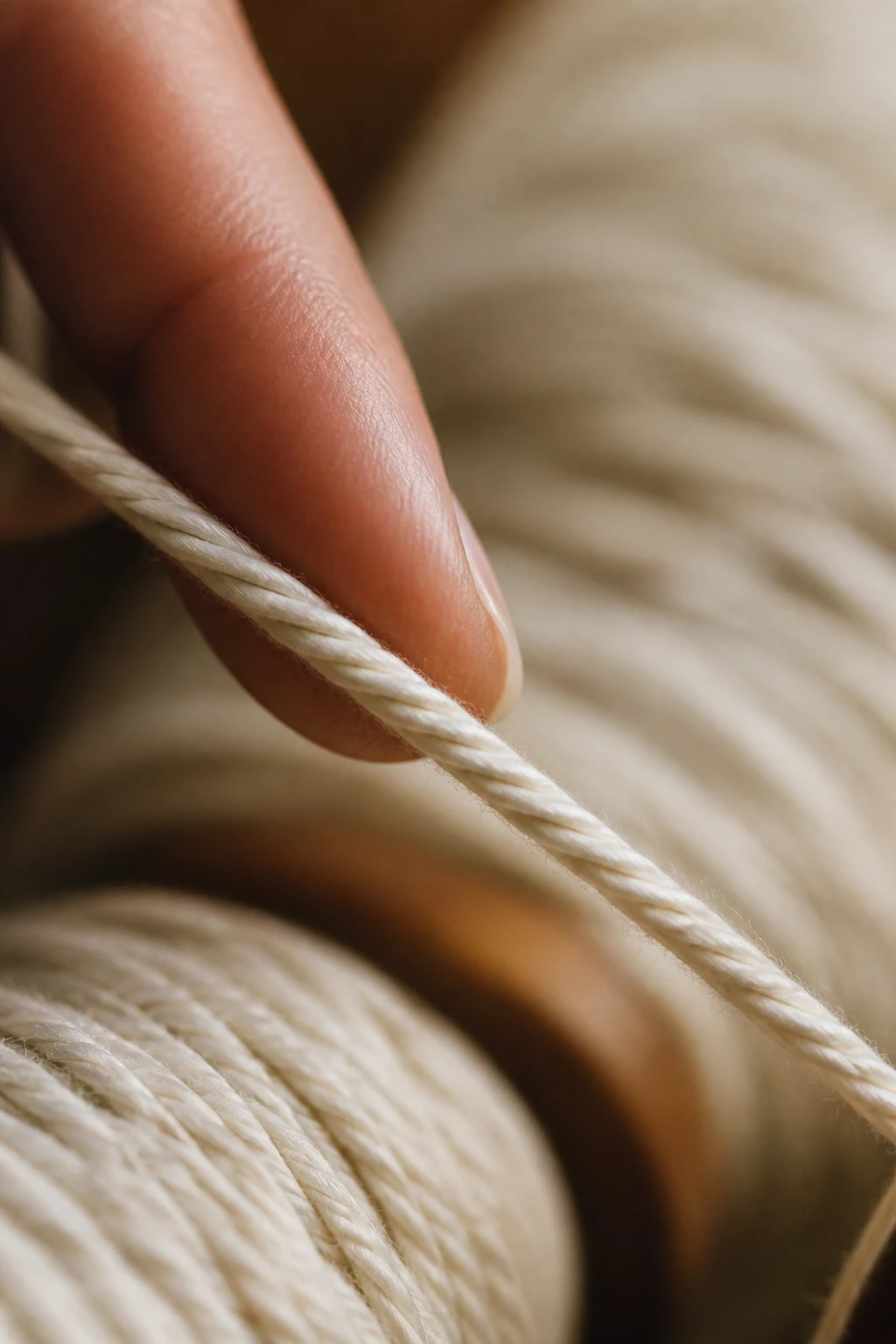 Focused image of a finger gently guiding yarn, highlighting even ply texture