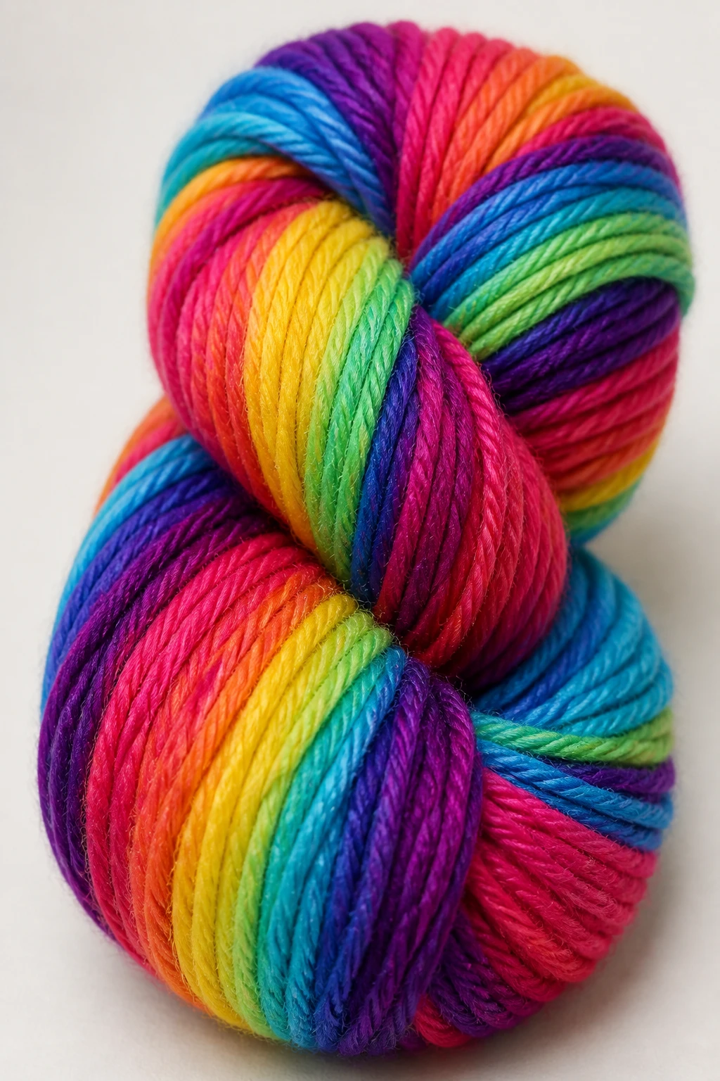 Closeup of a single acrylic yarn skein with vibrant colors on a plain neutral background