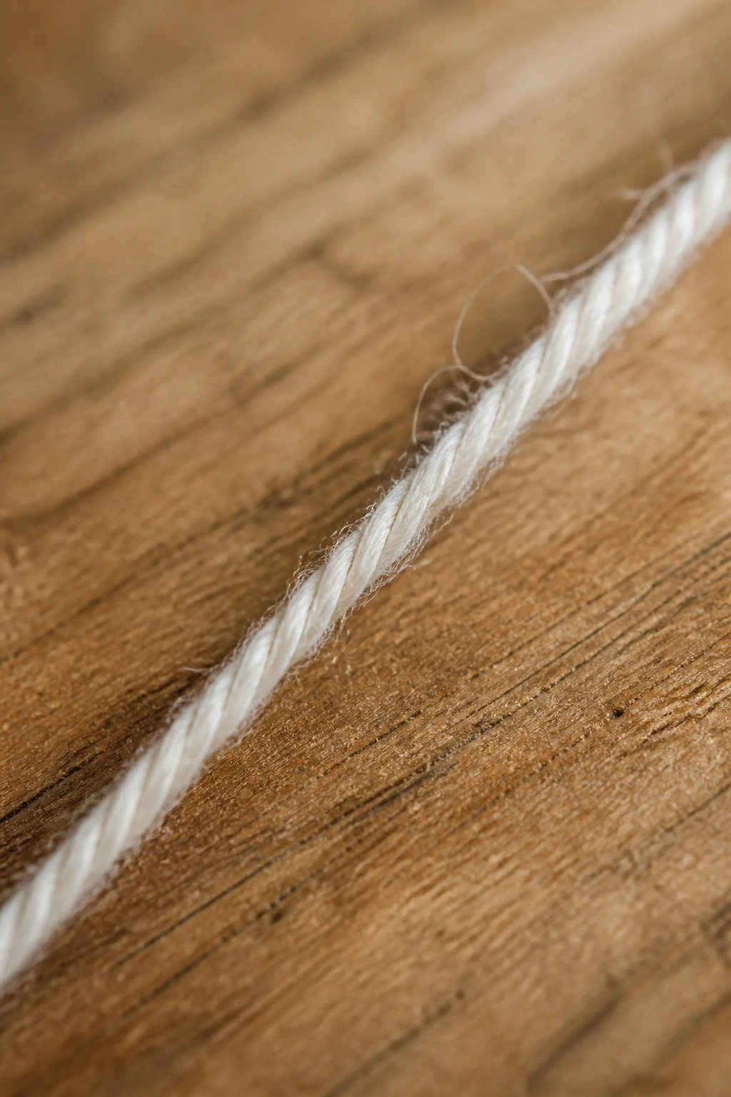 Macro shot of a single lace-weight yarn strand on wood surface