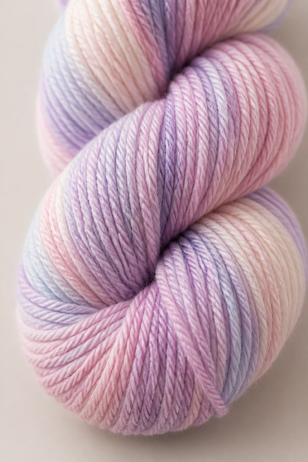 Closeup of worsted weight yarn skein in soft pastel, on neutral background