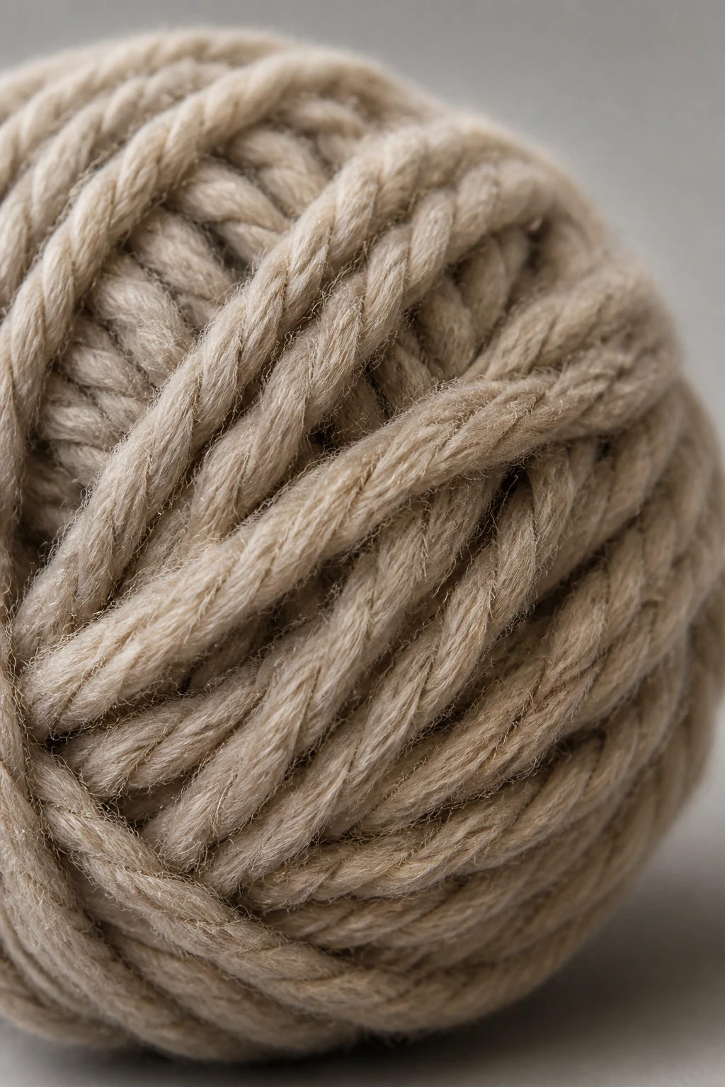 Macro shot of bulky yarn ball with visible twisted fibers, neutral backdrop